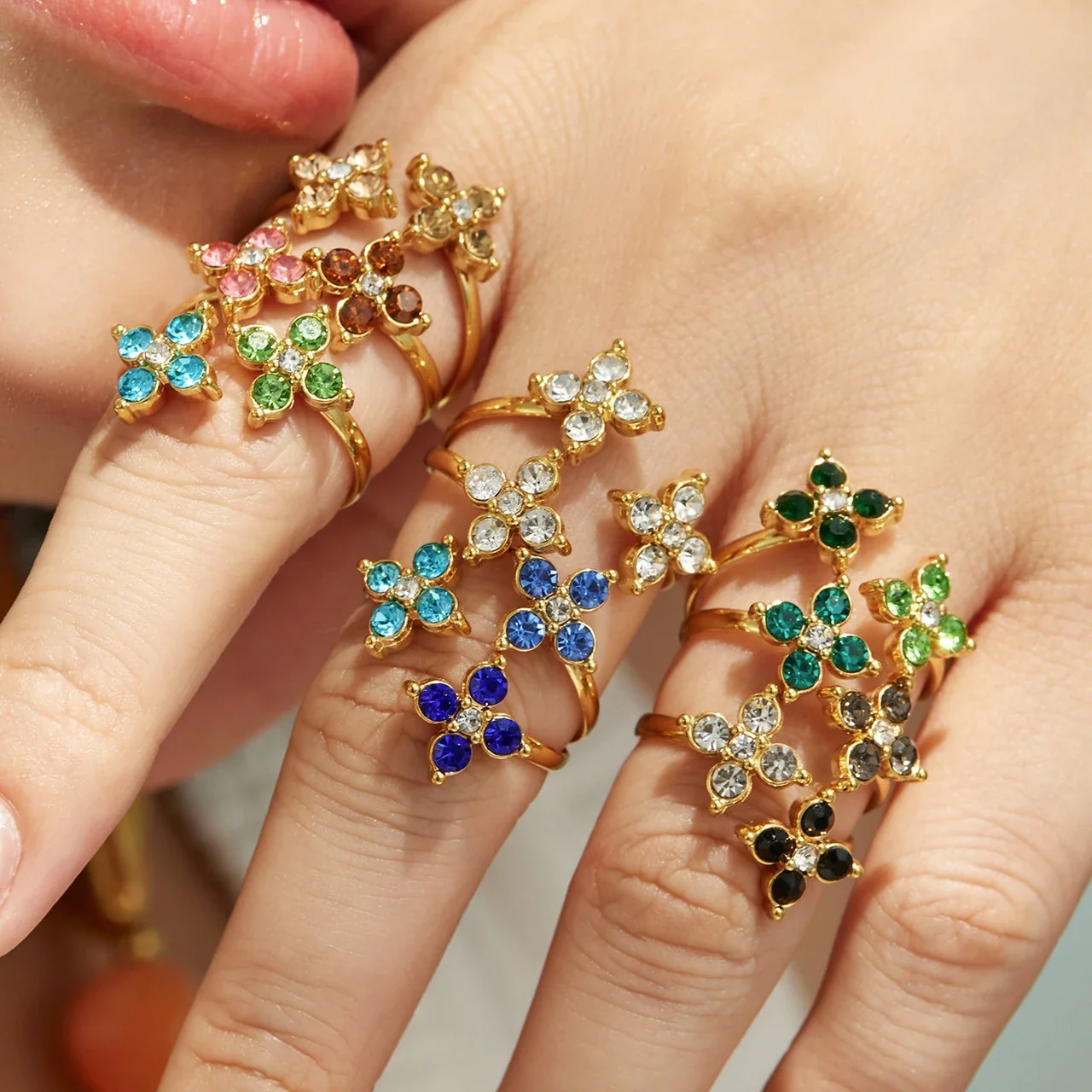 Open Flower Duo Ring, Round CZ, Gold-Plated 316 Stainless Steel