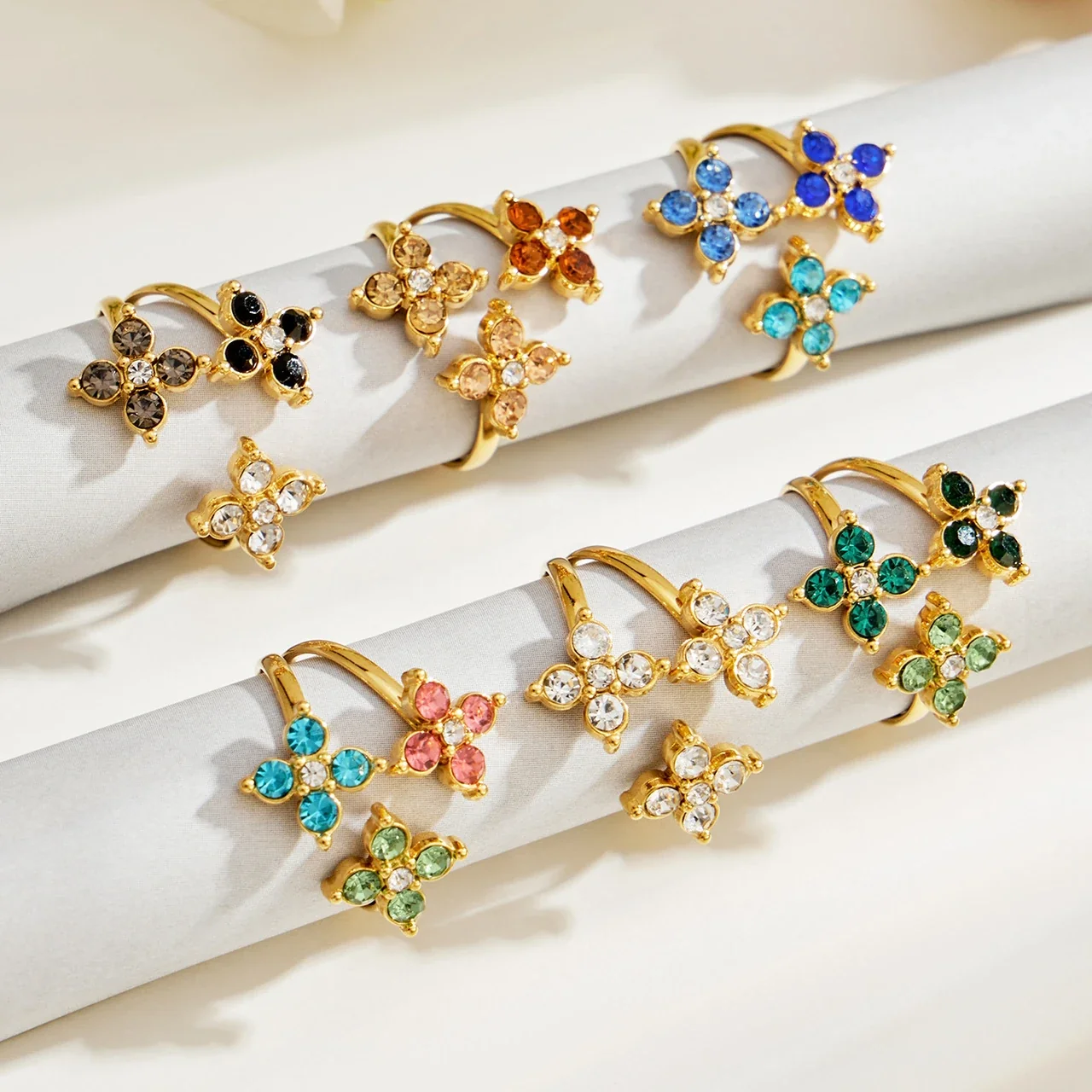 Open Flower Duo Ring, Round CZ, Gold-Plated 316 Stainless Steel