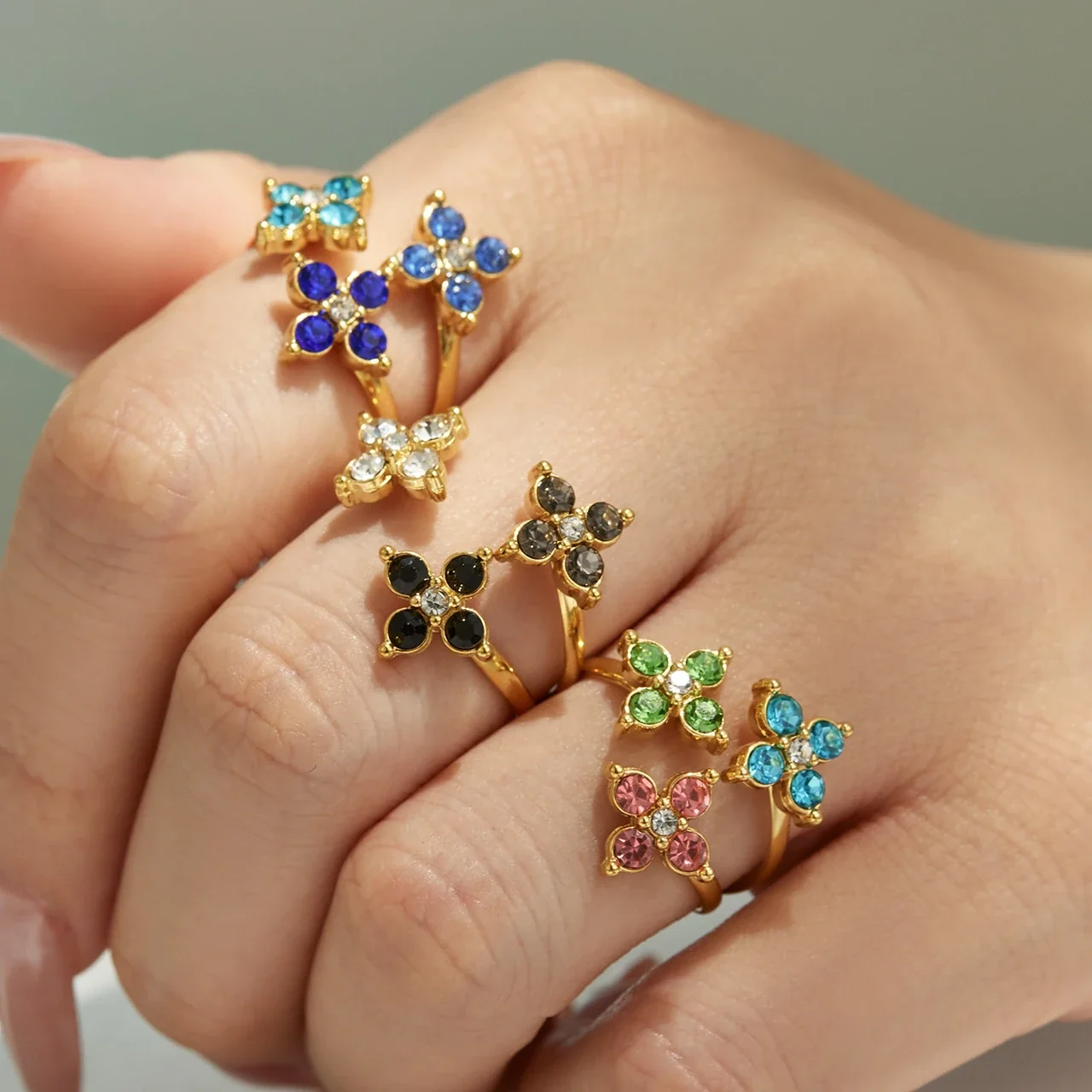 Open Flower Duo Ring, Round CZ, Gold-Plated 316 Stainless Steel