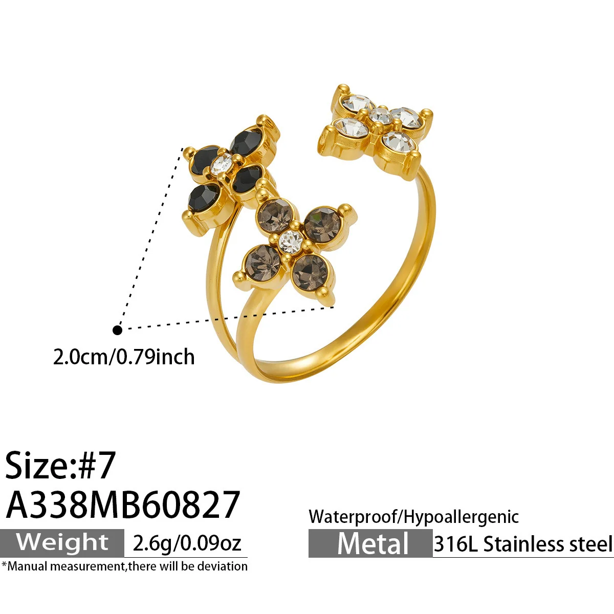 Open Flower Duo Ring, Round CZ, Gold-Plated 316 Stainless Steel - Dimensions