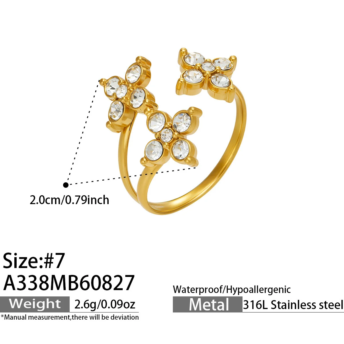 Open Flower Duo Ring, Round CZ, Gold-Plated 316 Stainless Steel - Dimensions