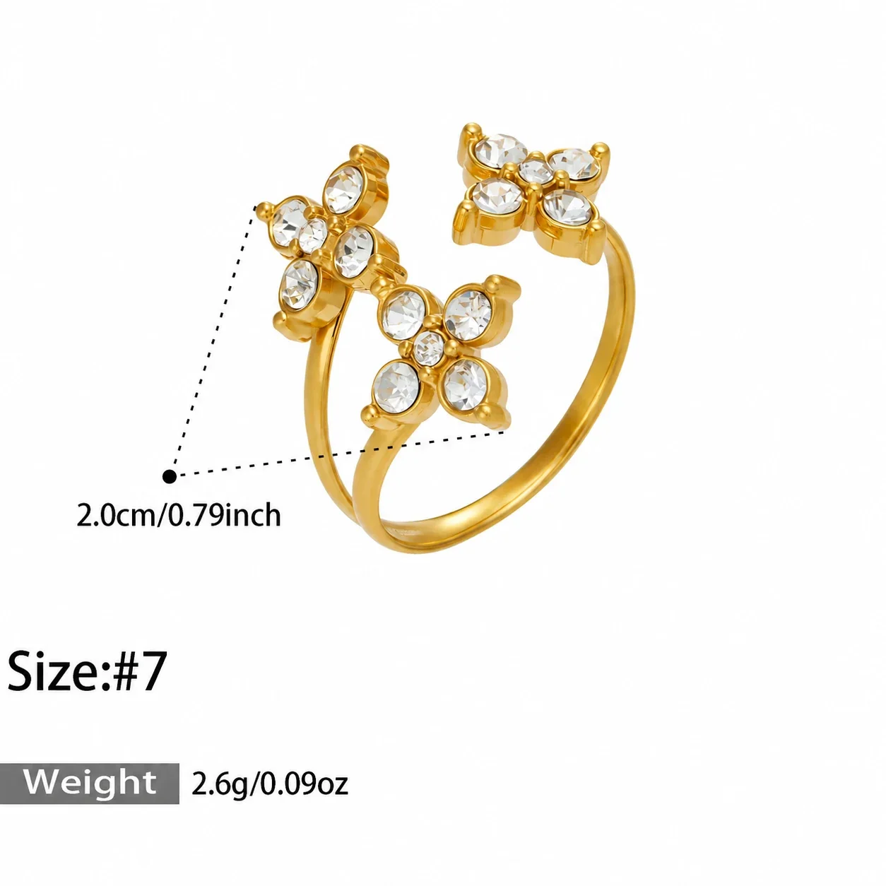 Open Flower Duo Ring, Round CZ, Gold-Plated 316 Stainless Steel - Gold White Cubic Zirconia