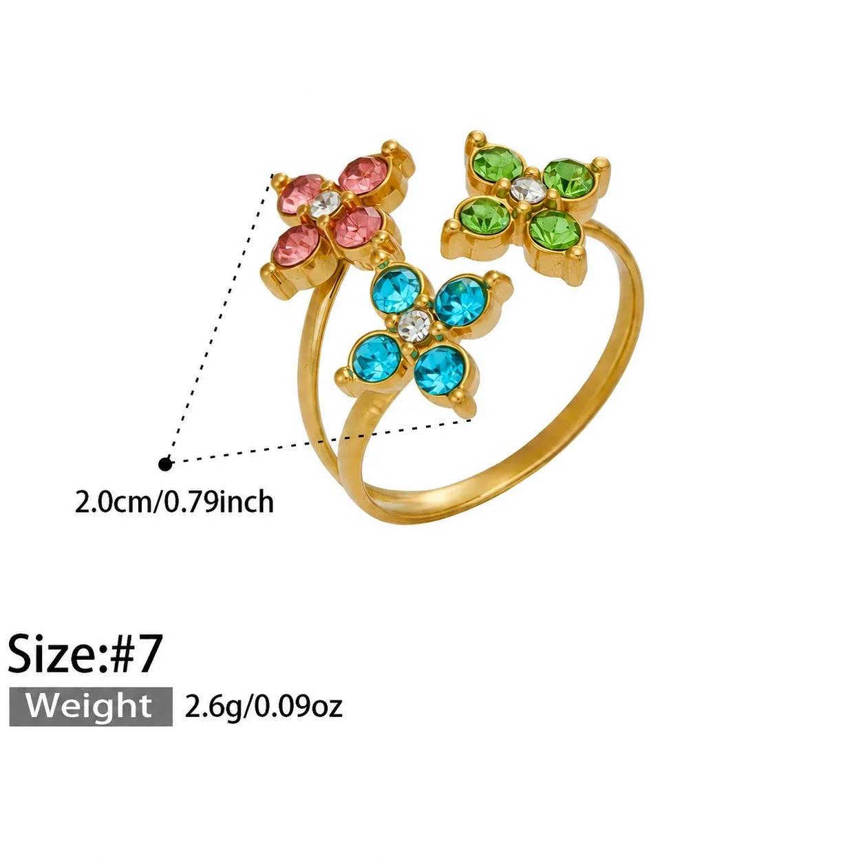 Open Flower Duo Ring, Round CZ, Gold-Plated 316 Stainless Steel - Gold Mixed Cubic Zirconia