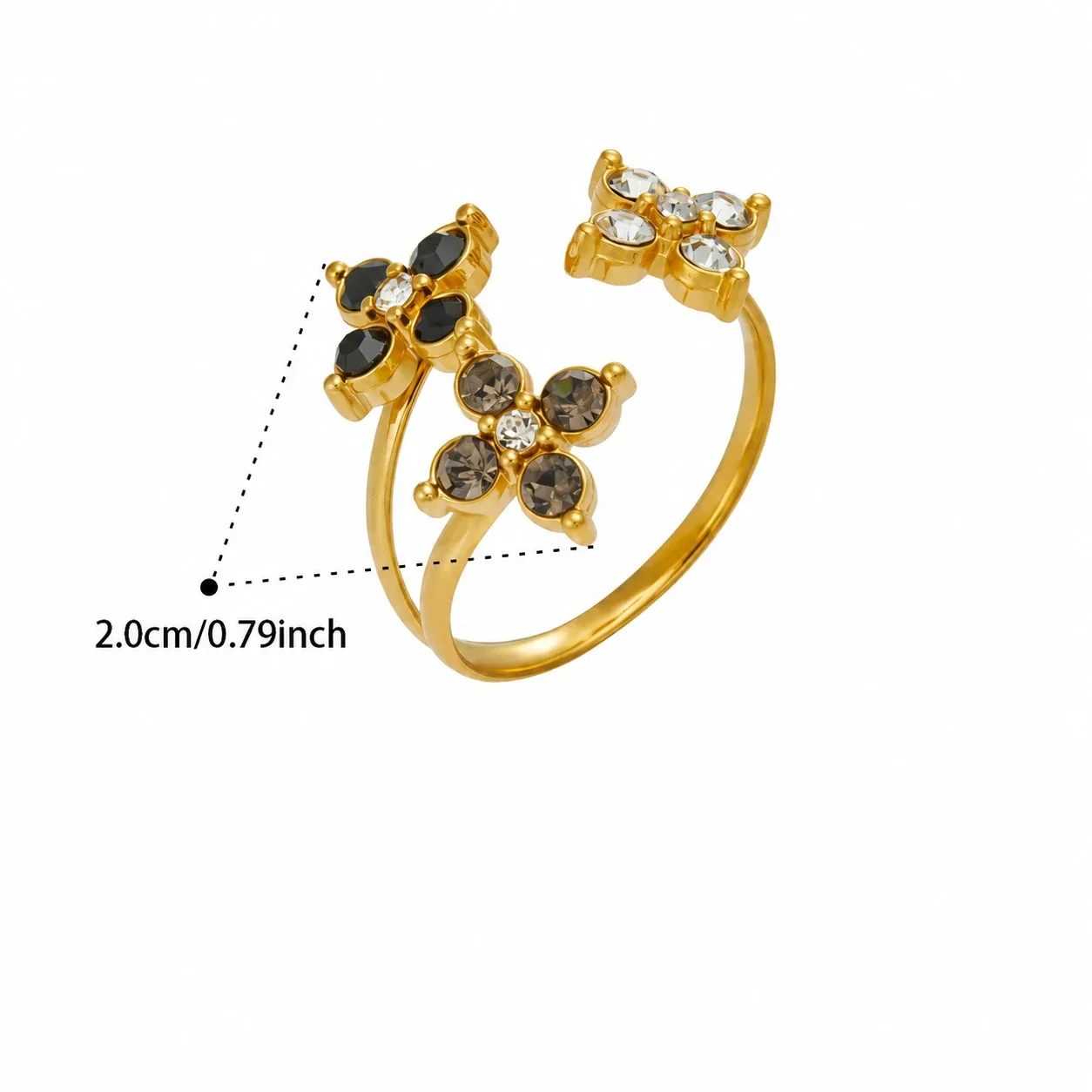 Open Flower Duo Ring, Round CZ, Gold-Plated 316 Stainless Steel - Gold Black Cubic Zirconia
