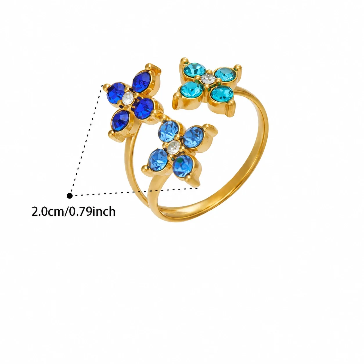 Open Flower Duo Ring, Round CZ, Gold-Plated 316 Stainless Steel - Gold Blue Cubic Zirconia