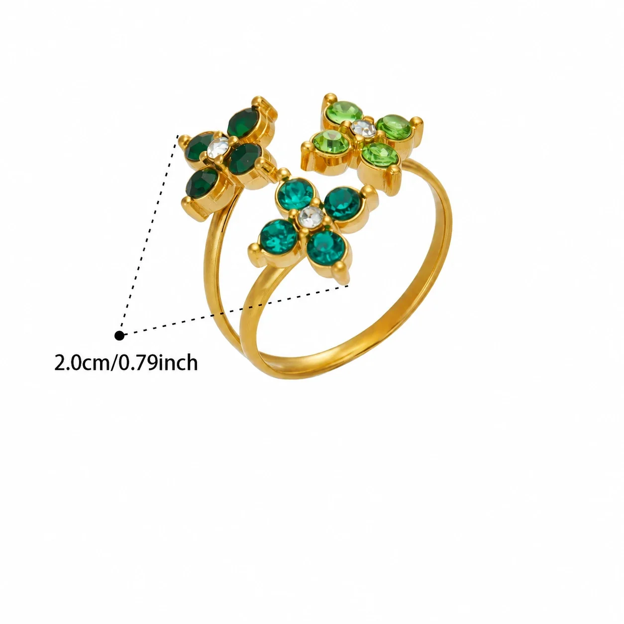 Open Flower Duo Ring, Round CZ, Gold-Plated 316 Stainless Steel - Gold Green Cubic Zirconia
