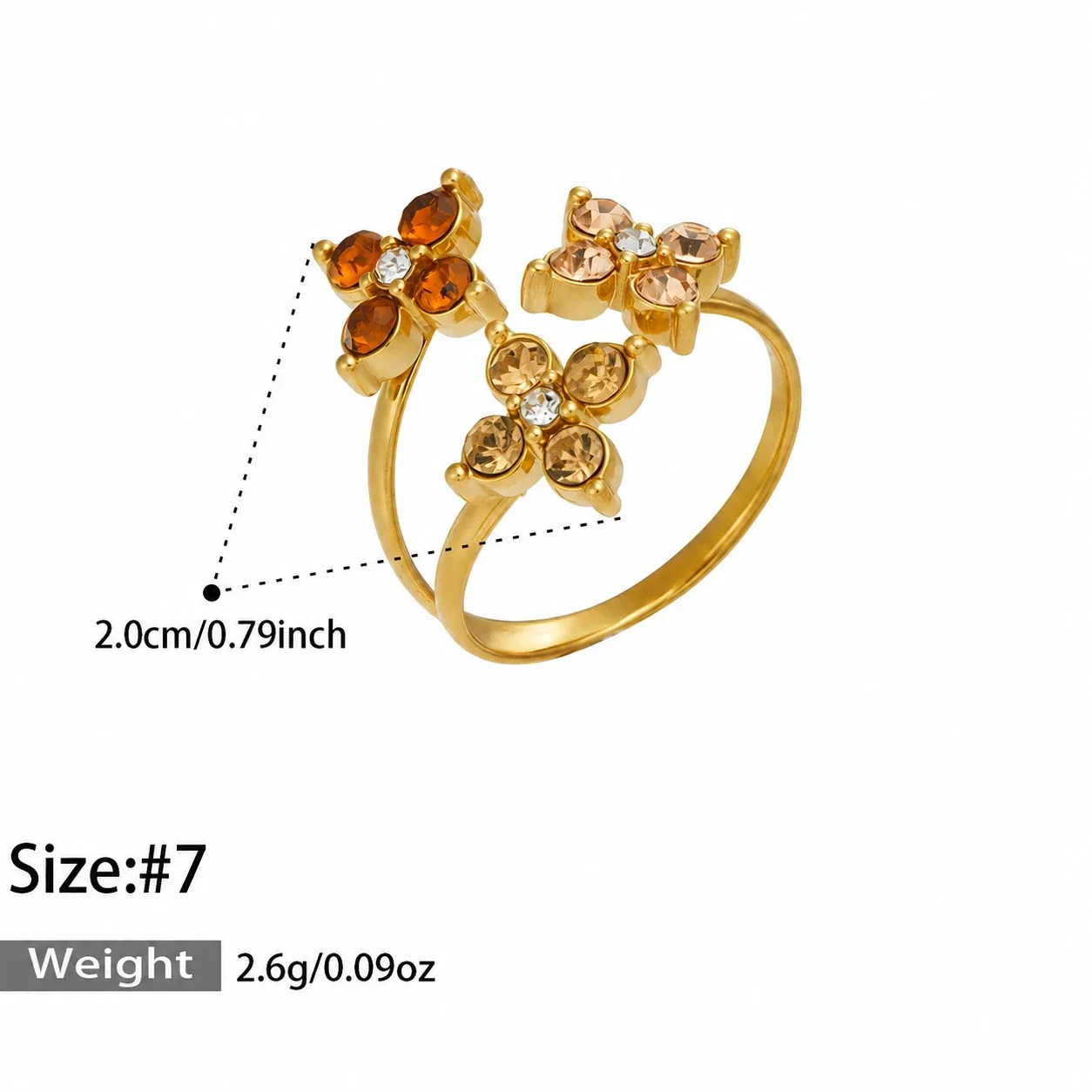 Open Flower Duo Ring, Round CZ, Gold-Plated 316 Stainless Steel - Gold Champagne Cubic Zirconia