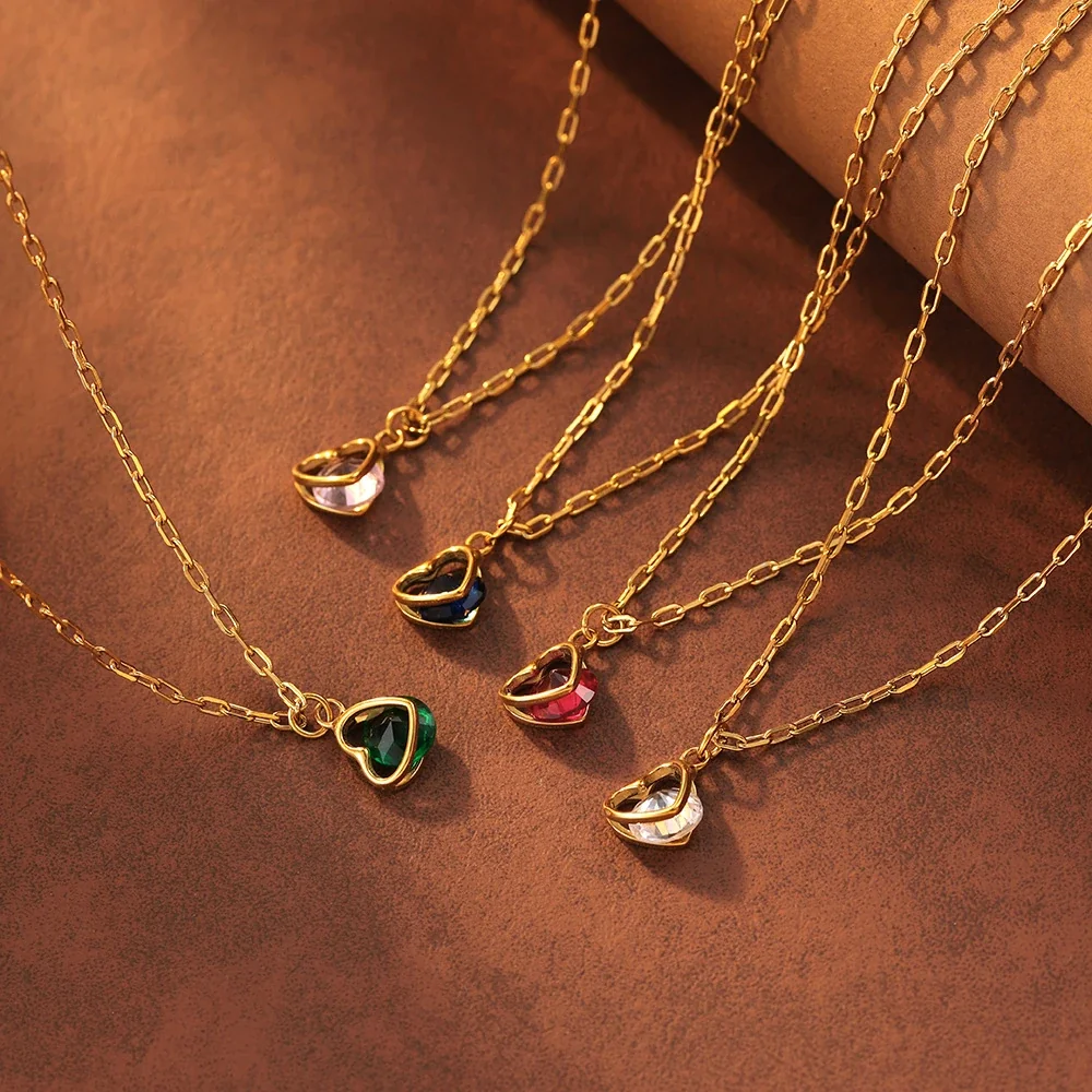 Heart Crystal Necklace, 18K Gold-Plated 316 Stainless Steel