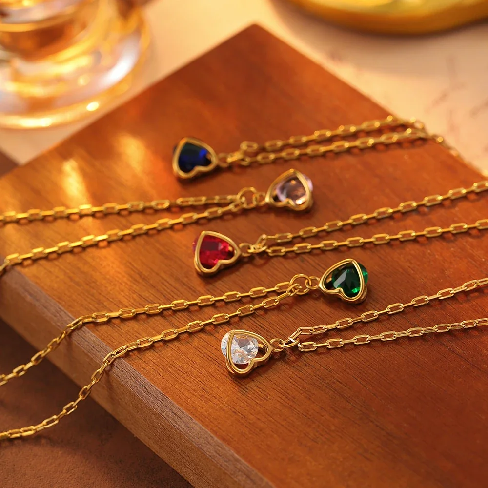 Heart Crystal Necklace, 18K Gold-Plated 316 Stainless Steel