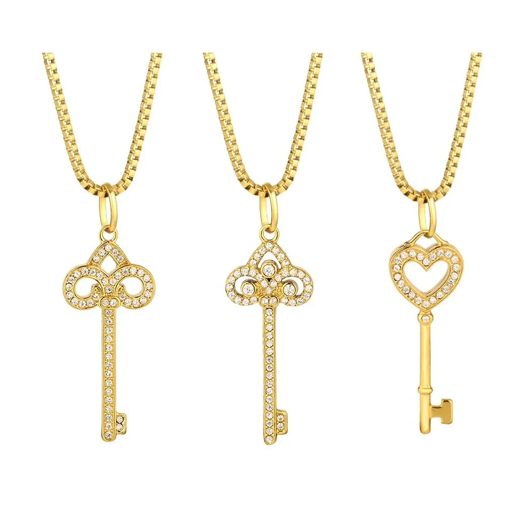 Ornate 316 Stainless Steel Pavé Key Pendant Necklace
