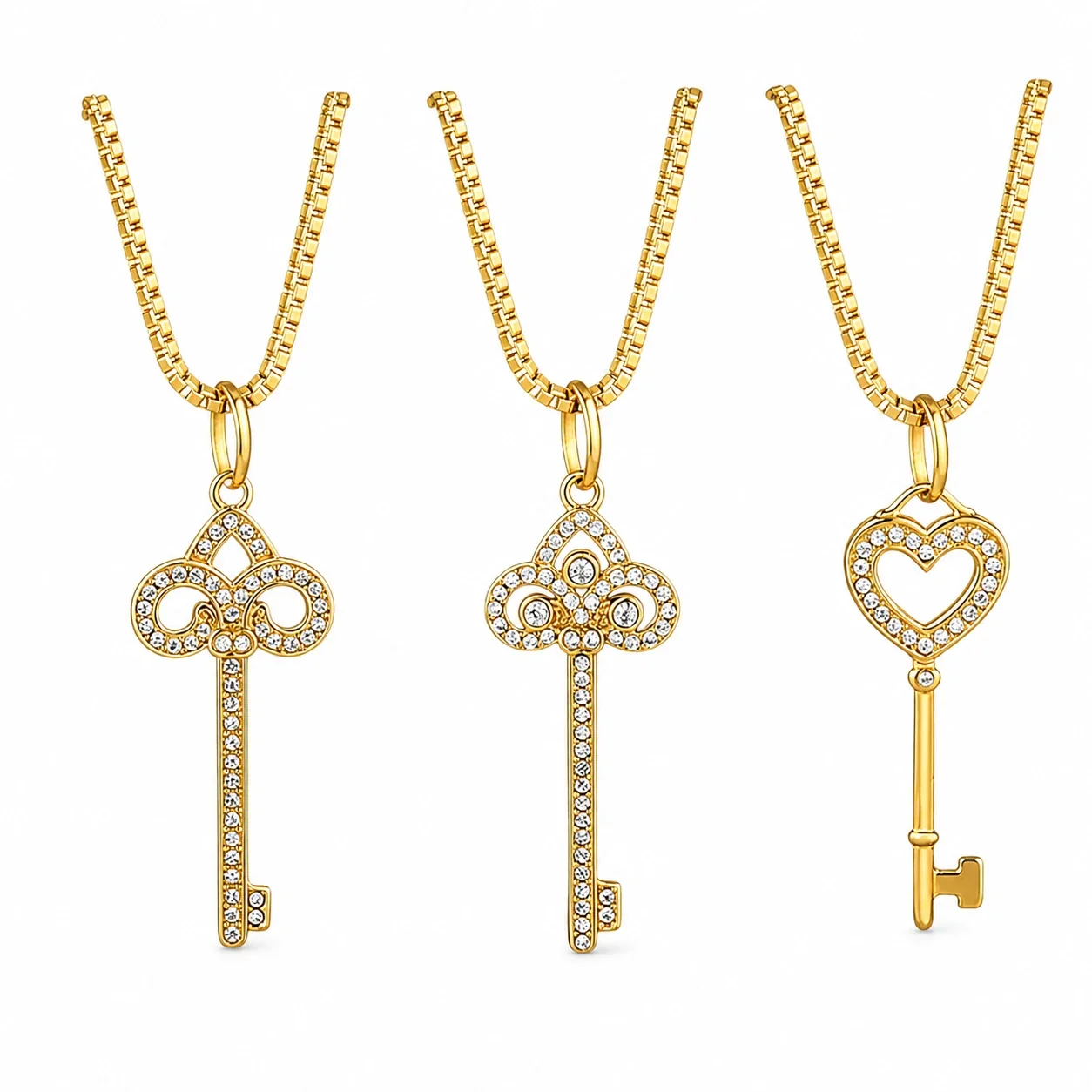 Ornate 316 Stainless Steel Pavé Key Pendant Necklace