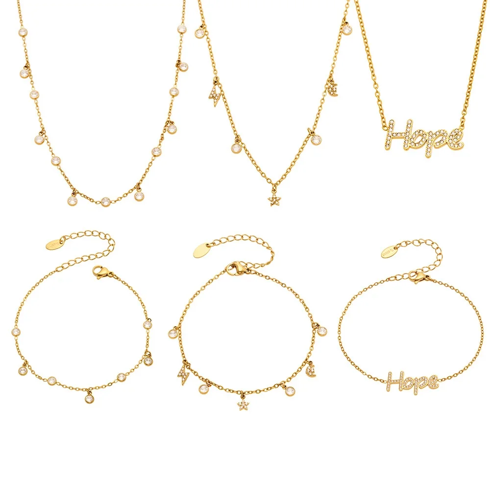 Hope Script 316L Stainless Steel Bezel CZ Charm PVD Jewelry Set