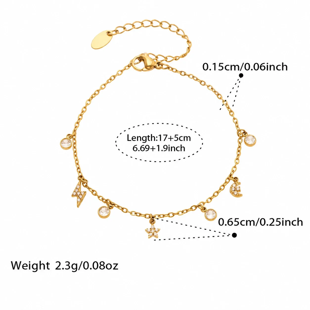 Hope Script 316L Stainless Steel Bezel CZ Charm Jewelry Set - Gold Star Moon Lightning 17+5 cm