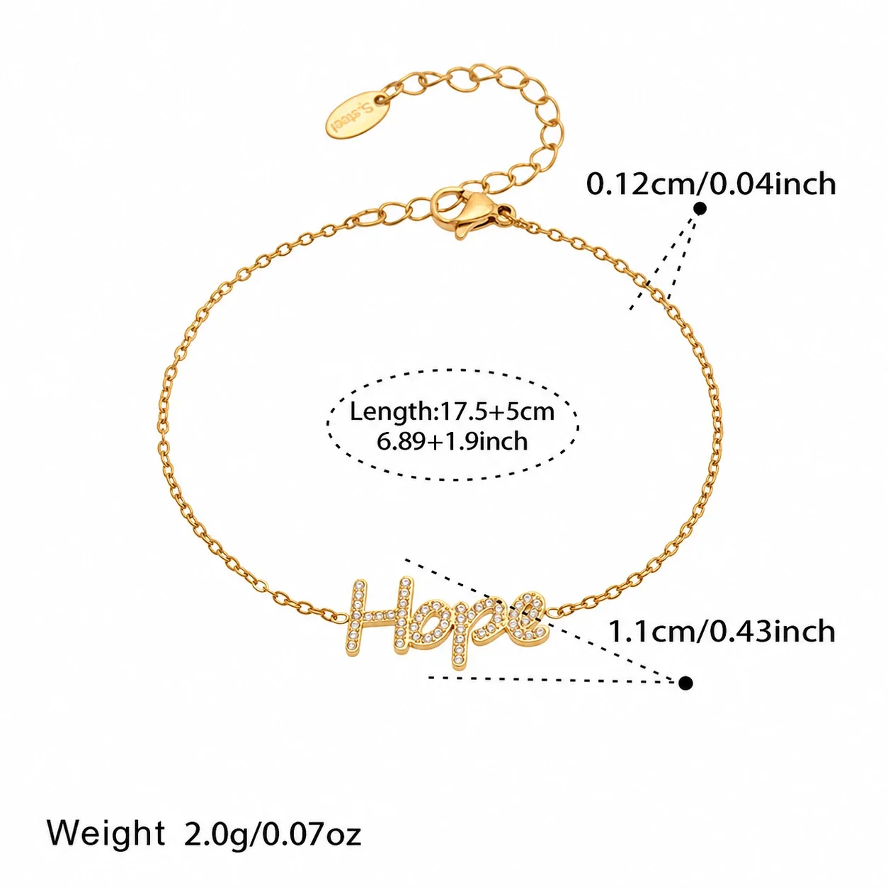 Hope Script 316L Stainless Steel Bezel CZ Charm Jewelry Set - Gold CZ Hope 17.5+5 cm