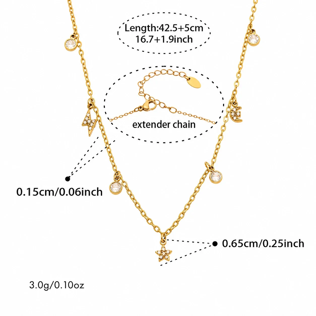 Hope Script 316L Stainless Steel Bezel CZ Charm Jewelry Set - Gold Star Moon Lightning 42.5+5 cm