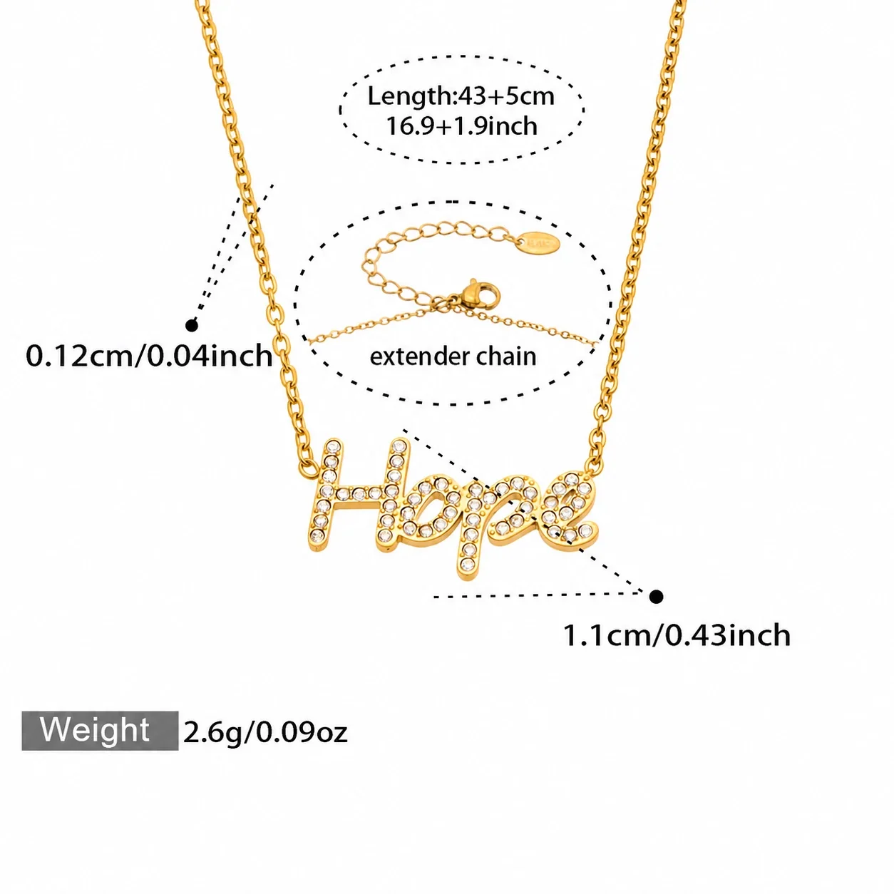 Hope Script 316L Stainless Steel Bezel CZ Charm Jewelry Set - Gold CZ Hope 43+5 cm