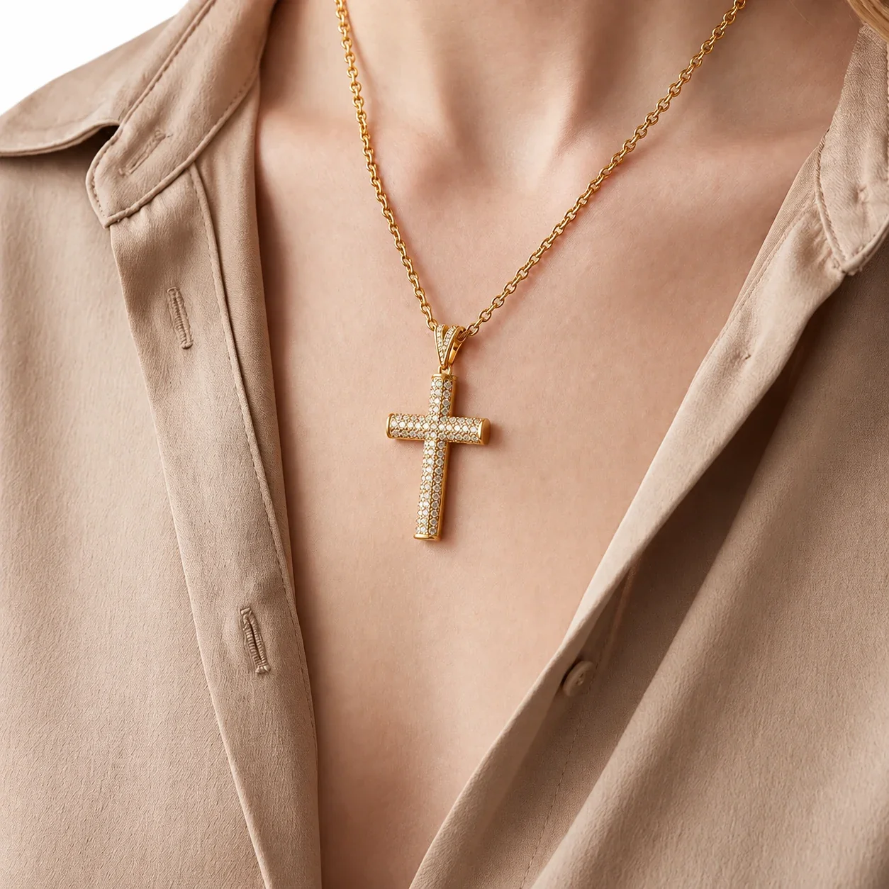Pavé CZ Cross Pendant Necklace in Gold PVD Stainless Steel