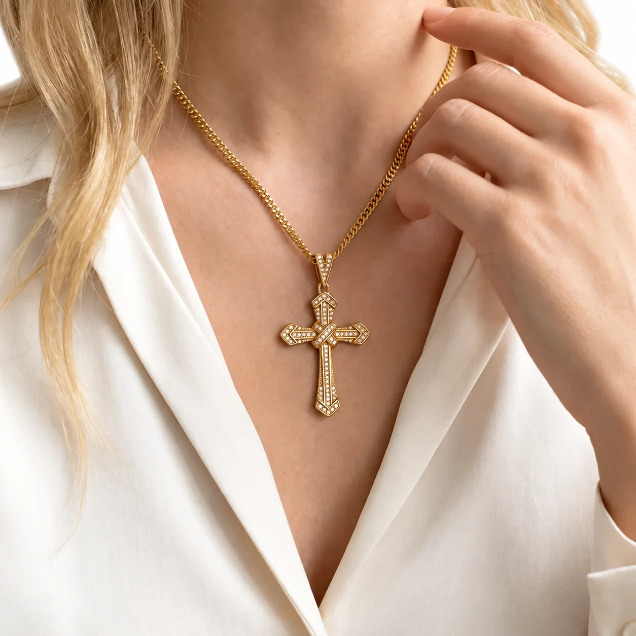 Pavé CZ Cross Pendant Necklace in Gold PVD Stainless Steel