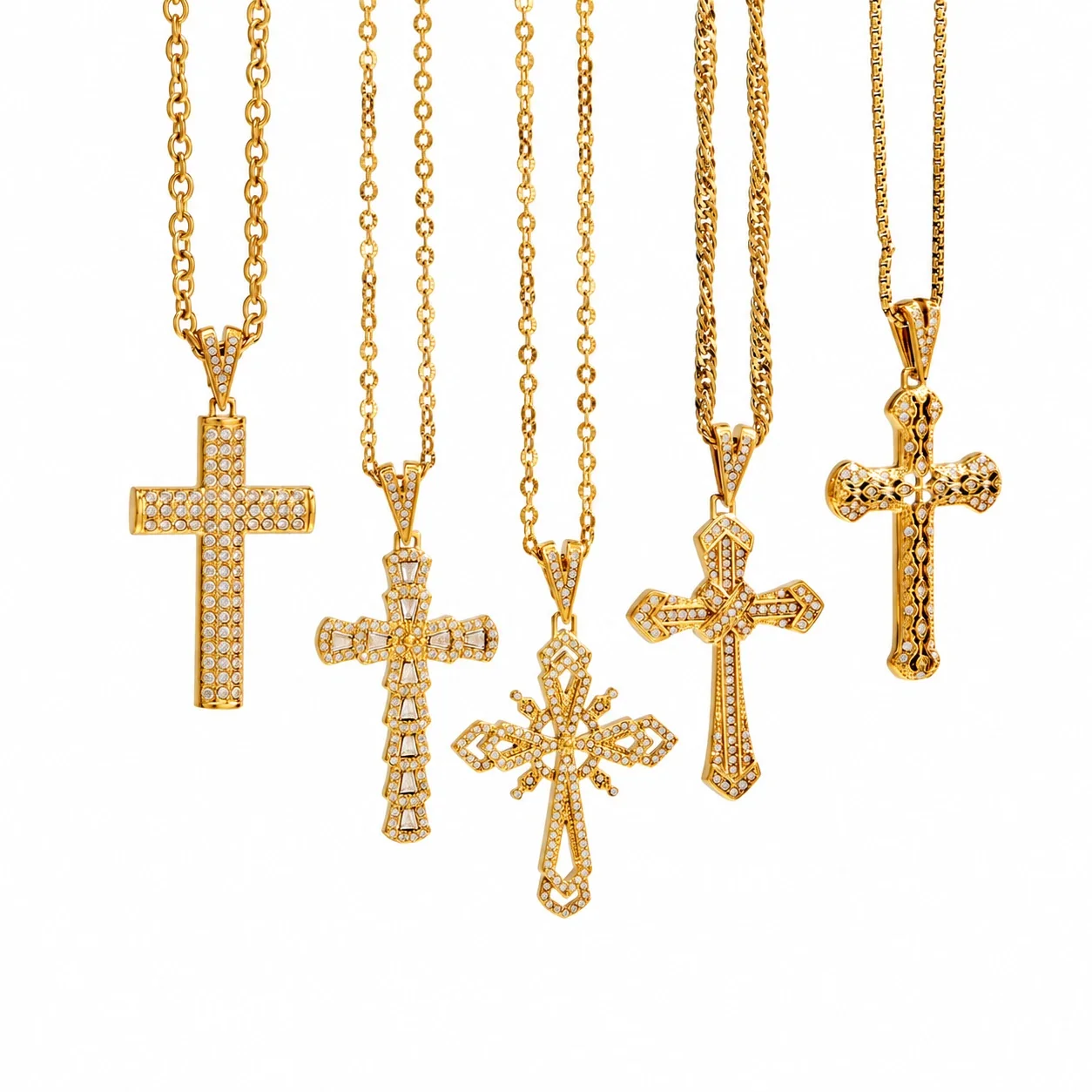 Pavé CZ Cross Pendant Necklace in Gold PVD Stainless Steel