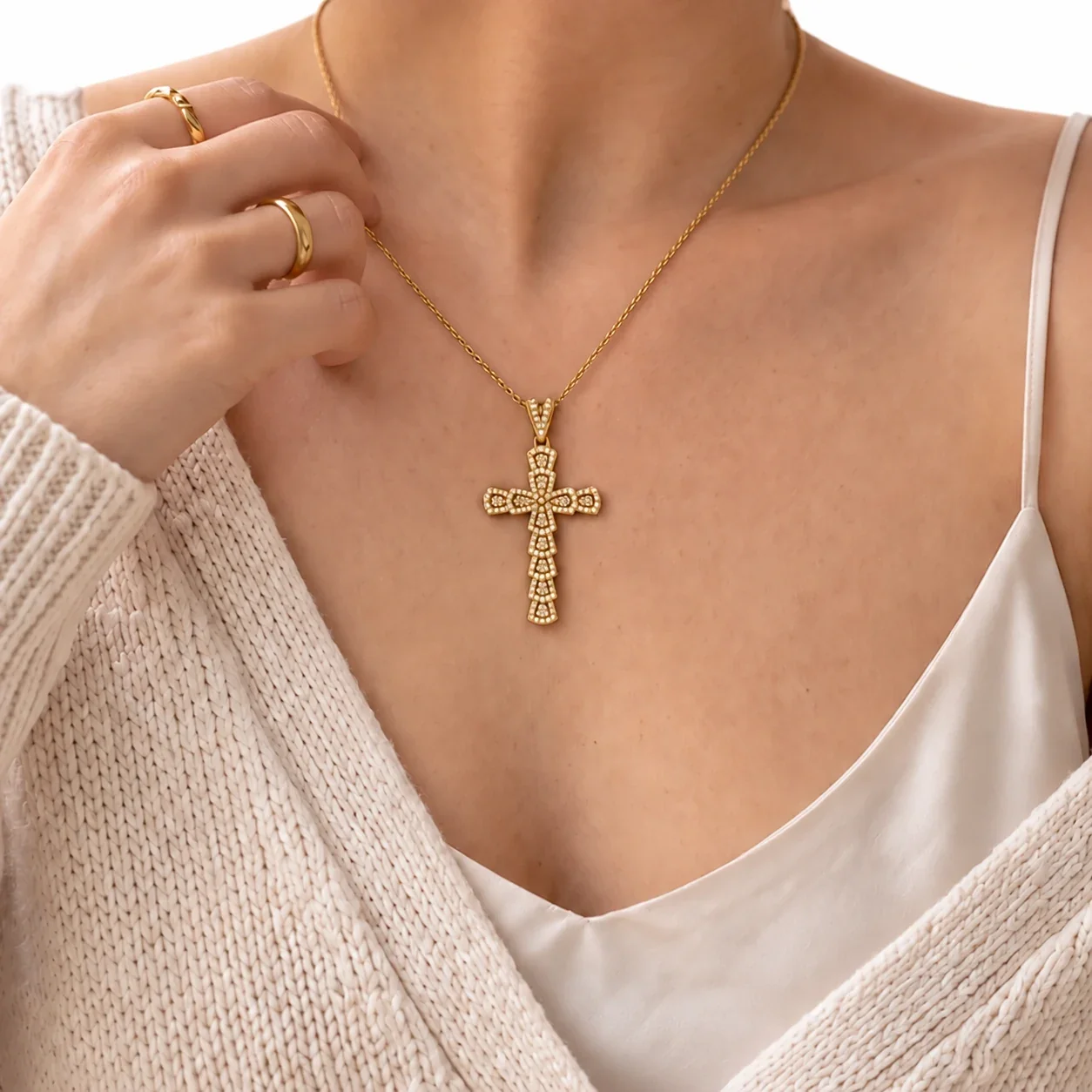 Pavé CZ Cross Pendant Necklace in Gold PVD Stainless Steel