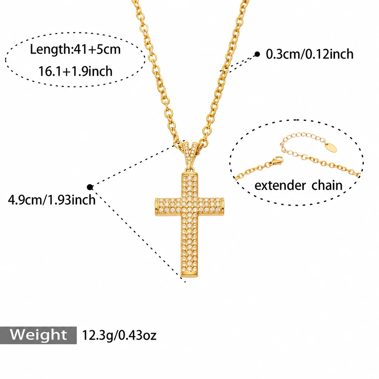 Pavé CZ Cross Pendant Necklace in Gold PVD Stainless Steel - Gold Cross Style A