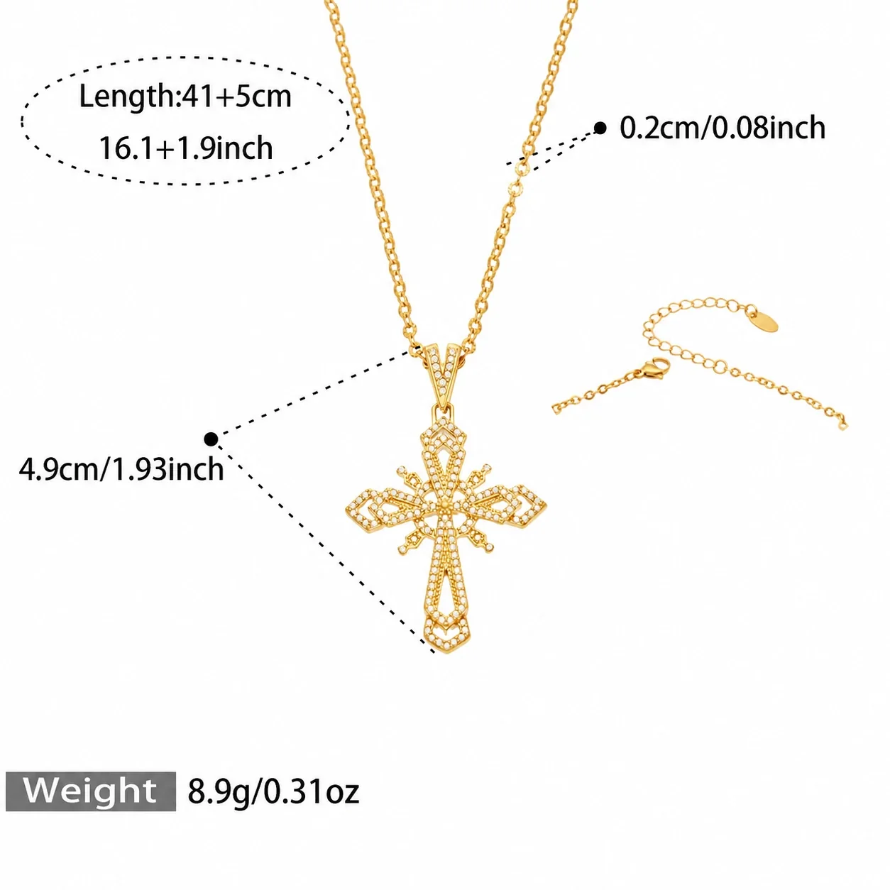 Pavé CZ Cross Pendant Necklace in Gold PVD Stainless Steel - Gold Cross Style C