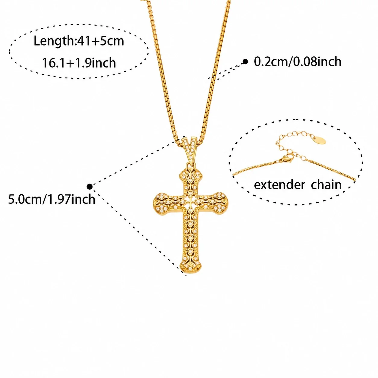 Pavé CZ Cross Pendant Necklace in Gold PVD Stainless Steel - Gold Cross Style E