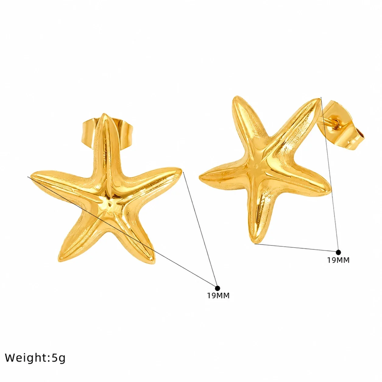 Coastal Gold-Plated Stainless Steel Starfish Post Stud Earrings - Gold Smooth Starfish