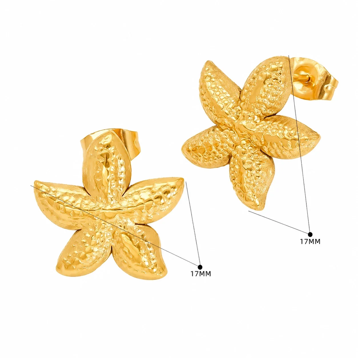 Coastal Gold-Plated Stainless Steel Starfish Post Stud Earrings - Gold Textured Starfish