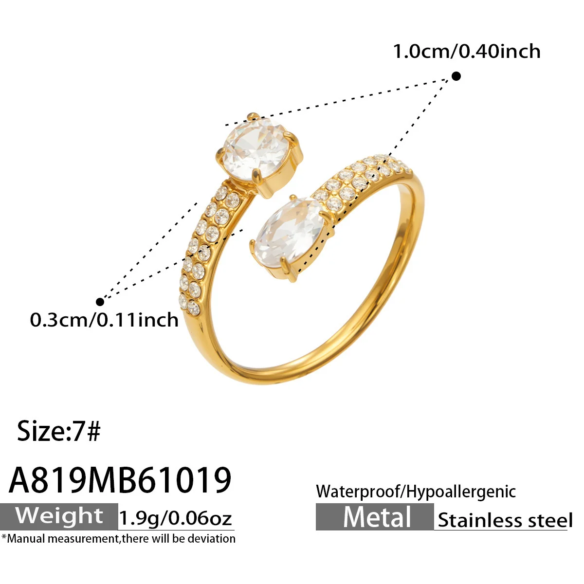 Open ringen met ovale CZ en pavéband, roestvrij staal productfoto