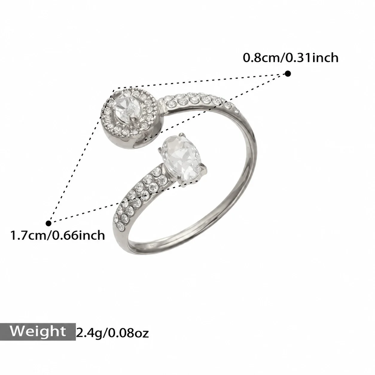 Open ringen met ovale CZ en pavéband, roestvrij staal productfoto