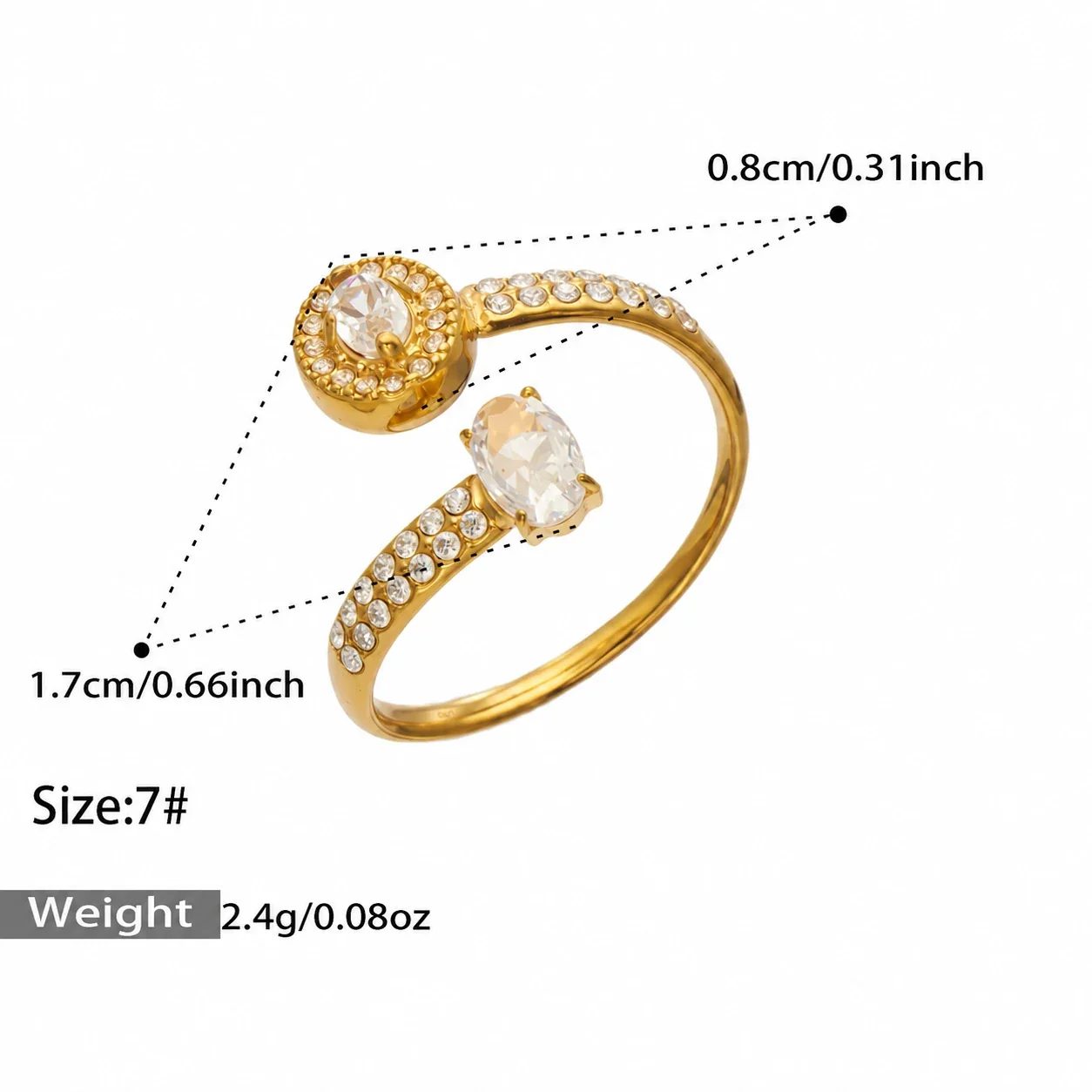 Open ringen met ovale CZ en pavéband, roestvrij staal productfoto