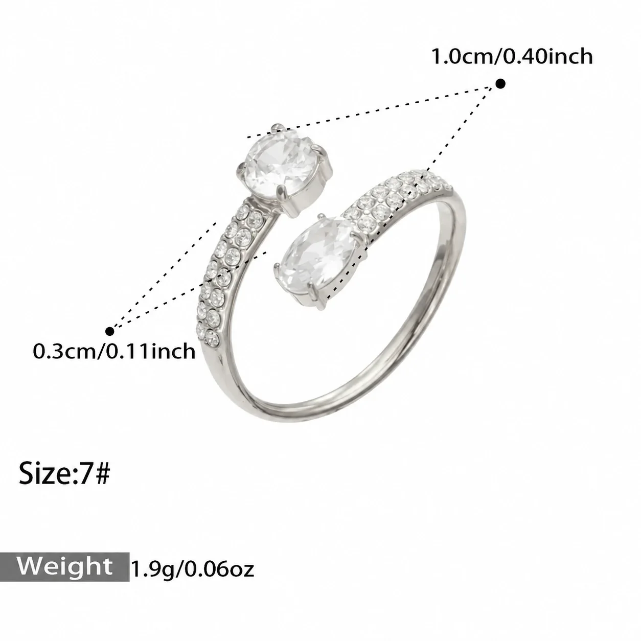 Open ringen met ovale CZ en pavéband, roestvrij staal productfoto