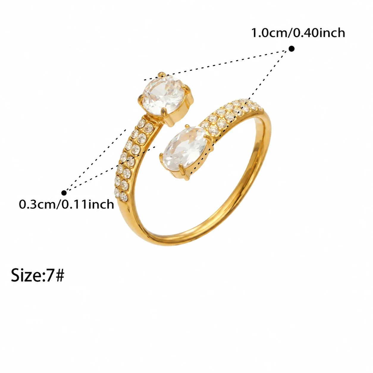 Open ringen met ovale CZ en pavéband, roestvrij staal productfoto