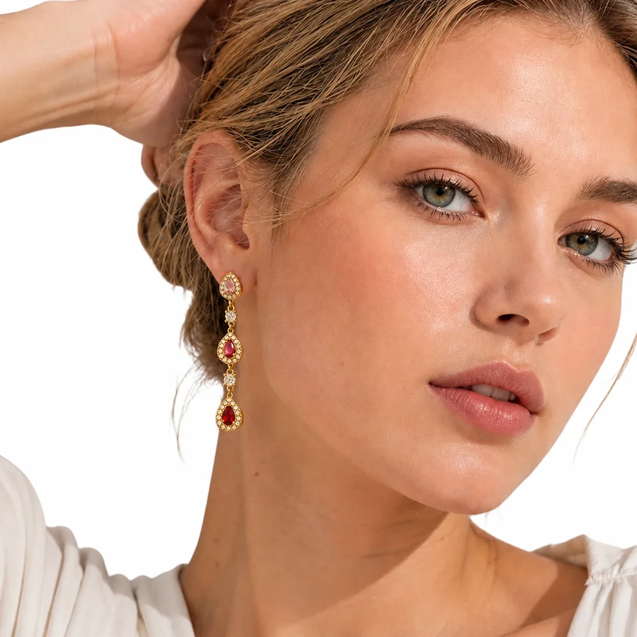 Ornate 316L Stainless Steel Gold PVD Teardrop CZ Drop Earrings