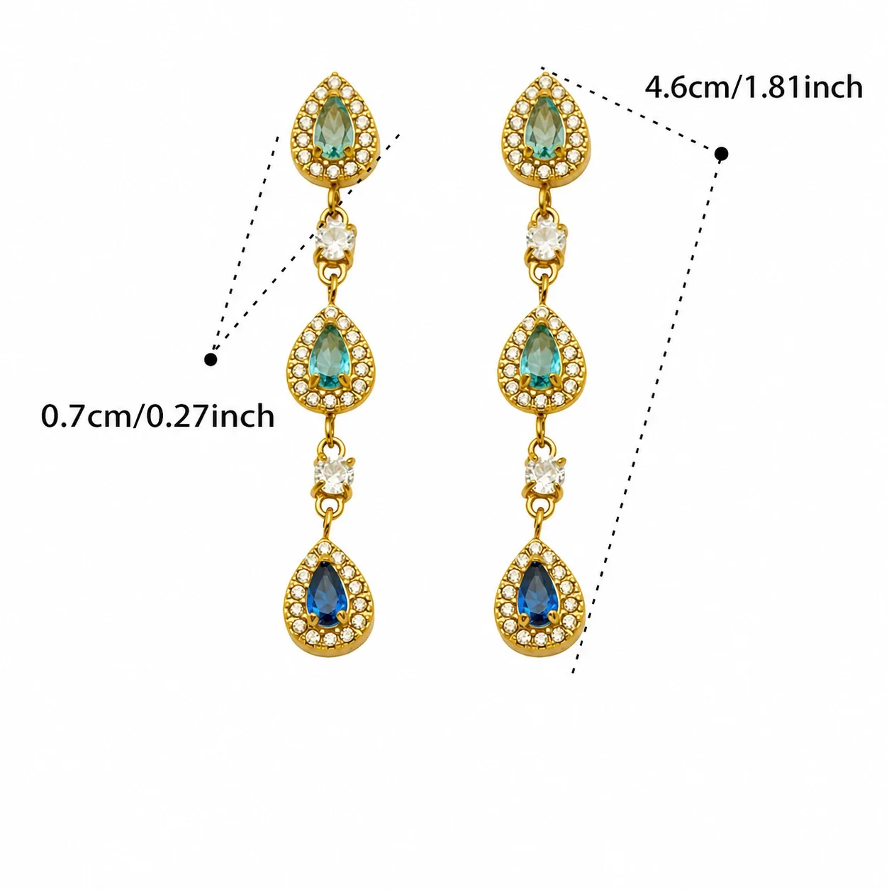 Ornate 316L Stainless Steel Gold PVD Teardrop CZ Drop Earrings - Gold Blue CZ