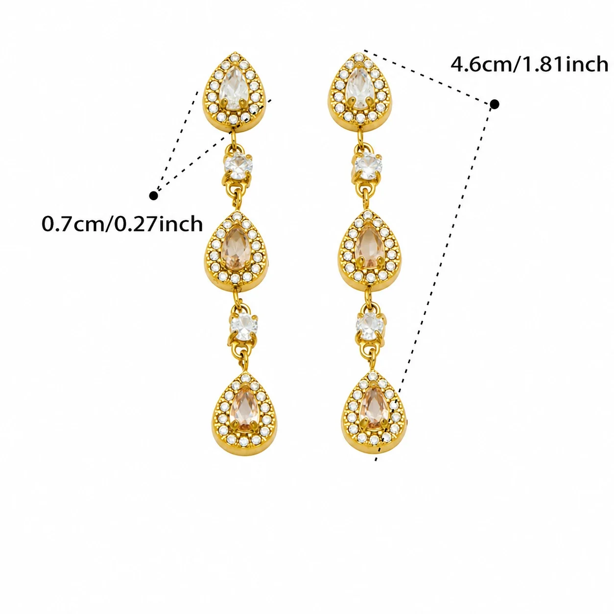 Ornate 316L Stainless Steel Gold PVD Teardrop CZ Drop Earrings - Gold Champagne CZ