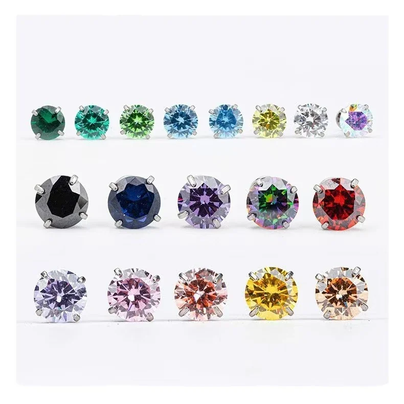 Polished 316 Stainless Steel Round CZ Flat Back Earrings