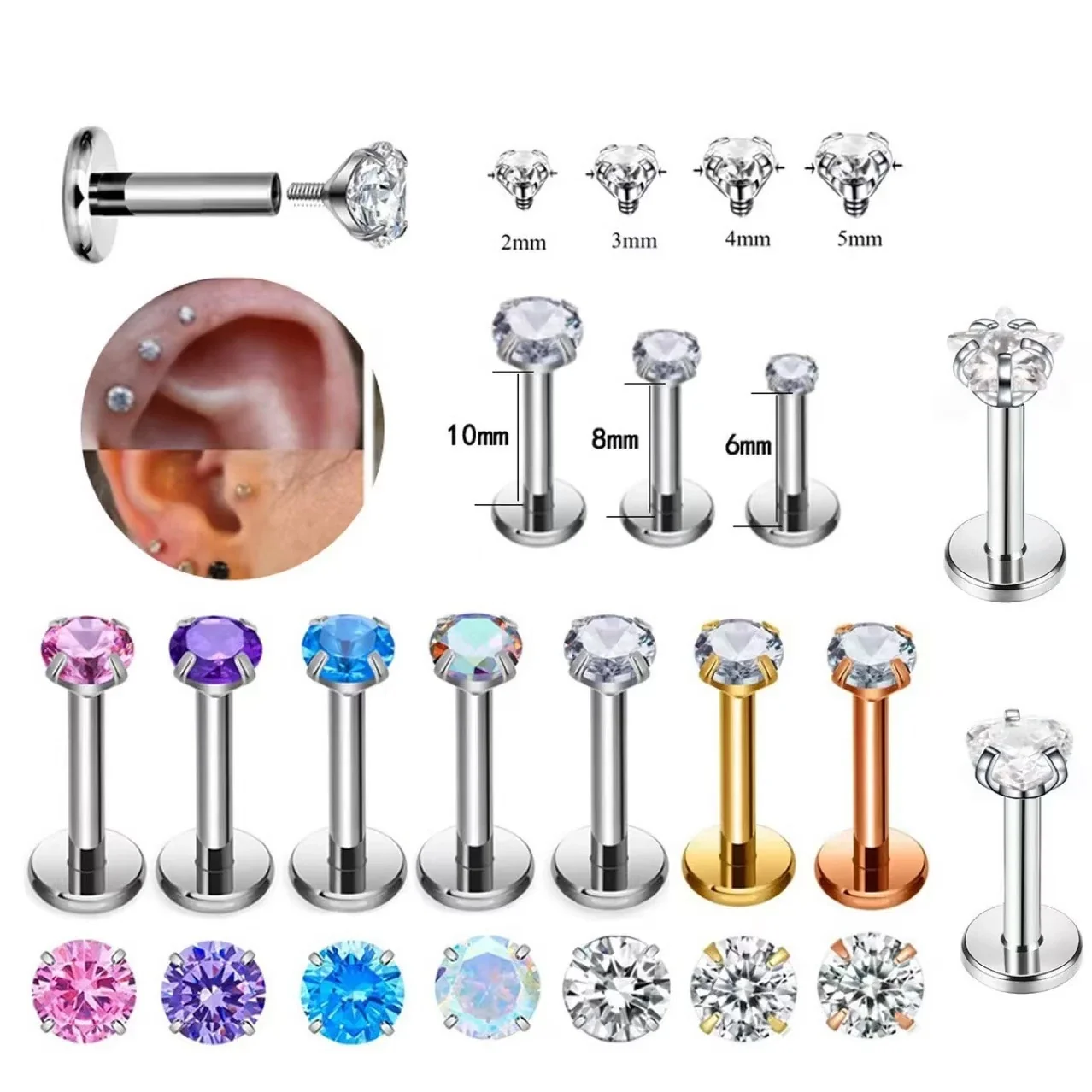 Polished 316 Stainless Steel Round CZ Stud Earrings