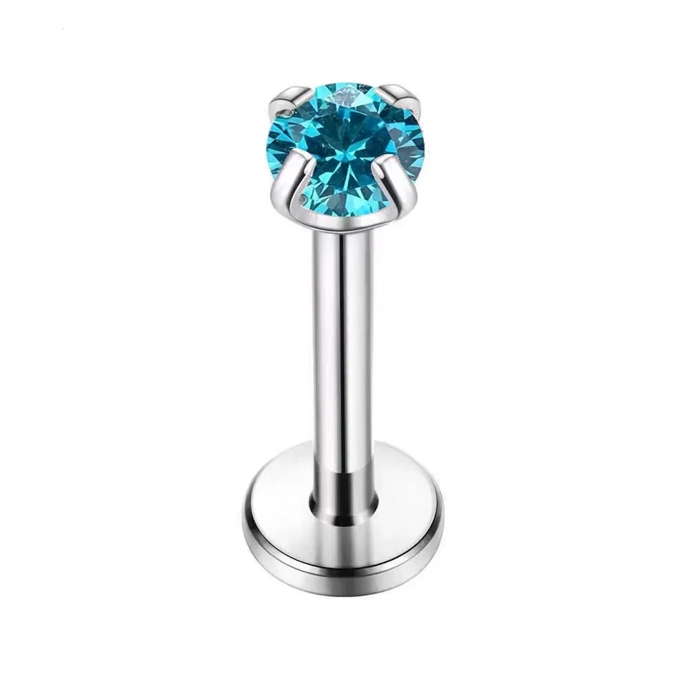Polished 316 Stainless Steel Round CZ Stud Earrings - Aquamarine