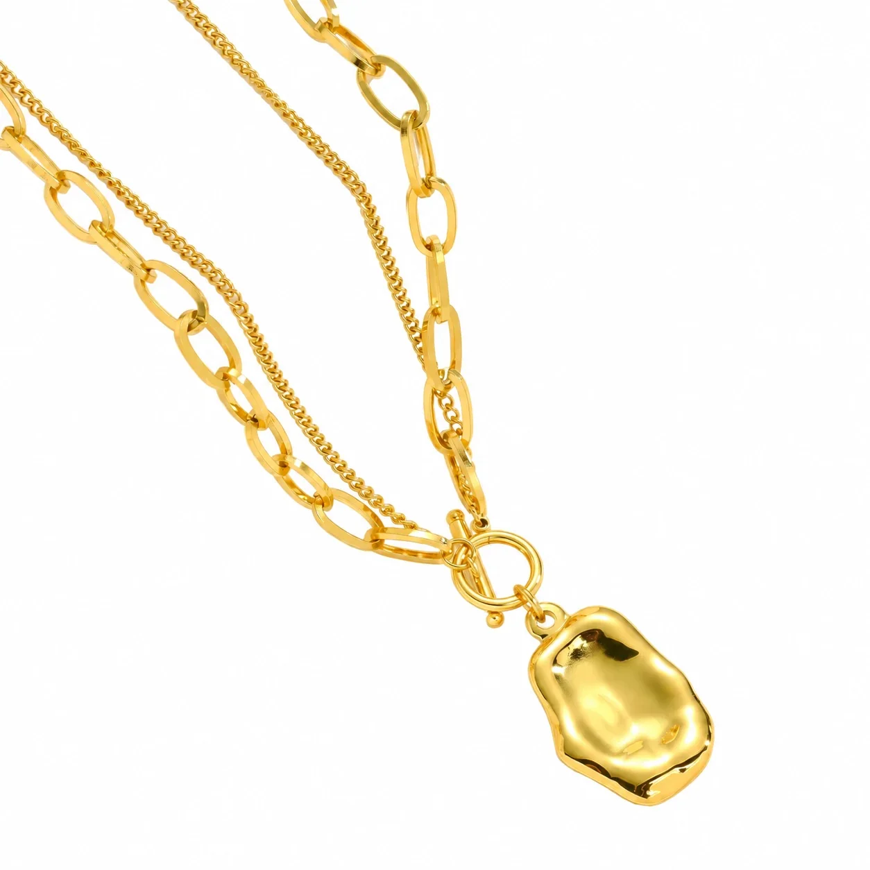 Pendant Necklace with Double Chains and Organic Gold-Plated Pendant
