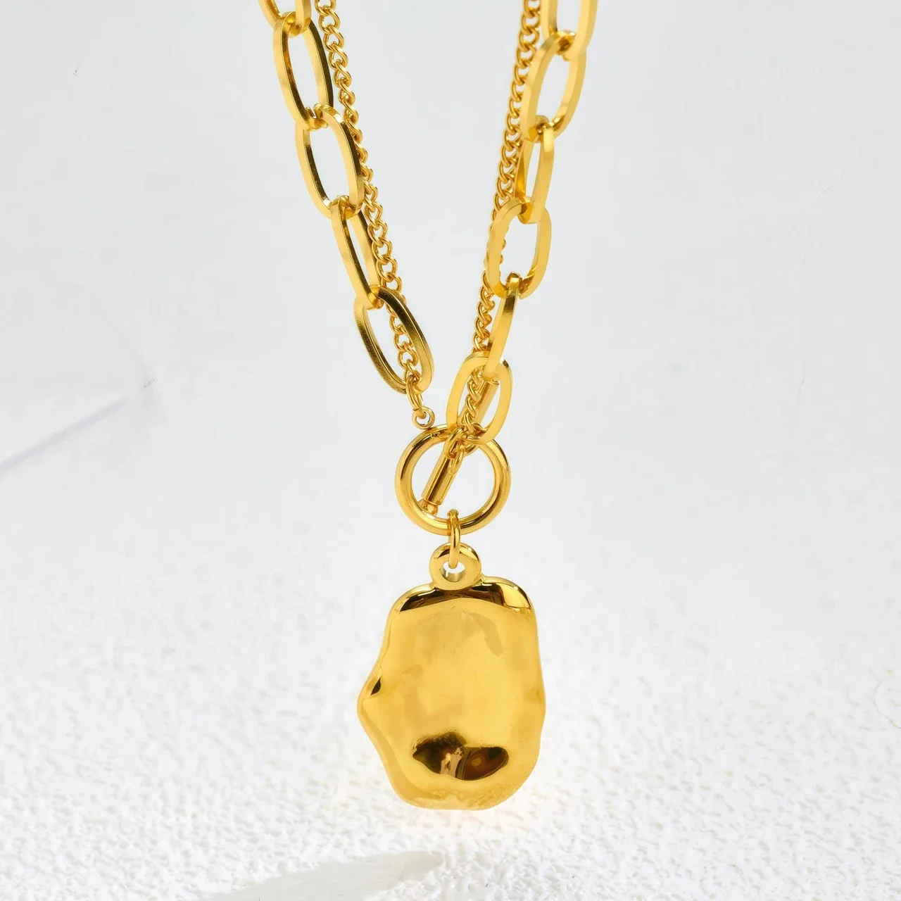 Pendant Necklace with Double Chains and Organic Gold-Plated Pendant