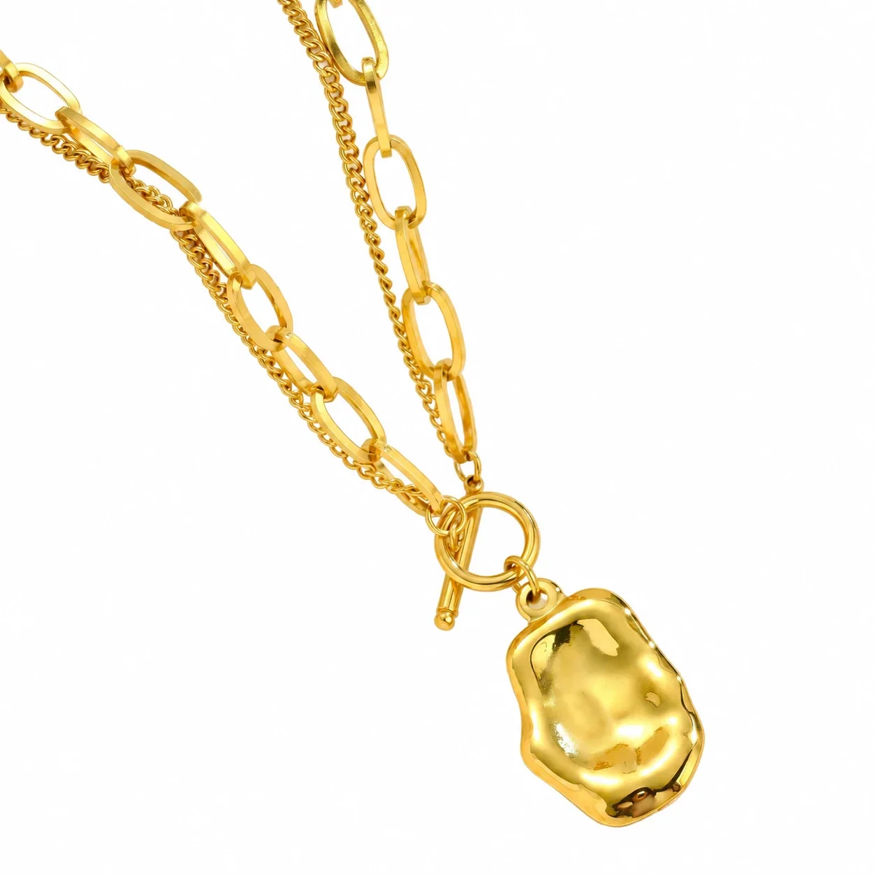 Pendant Necklace with Double Chains and Organic Gold-Plated Pendant
