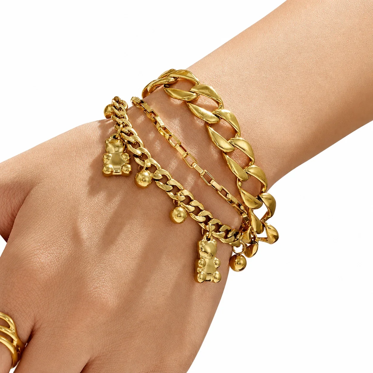 Teddy Charm Gold-Plated 316L Cuban Box Chain Bracelet