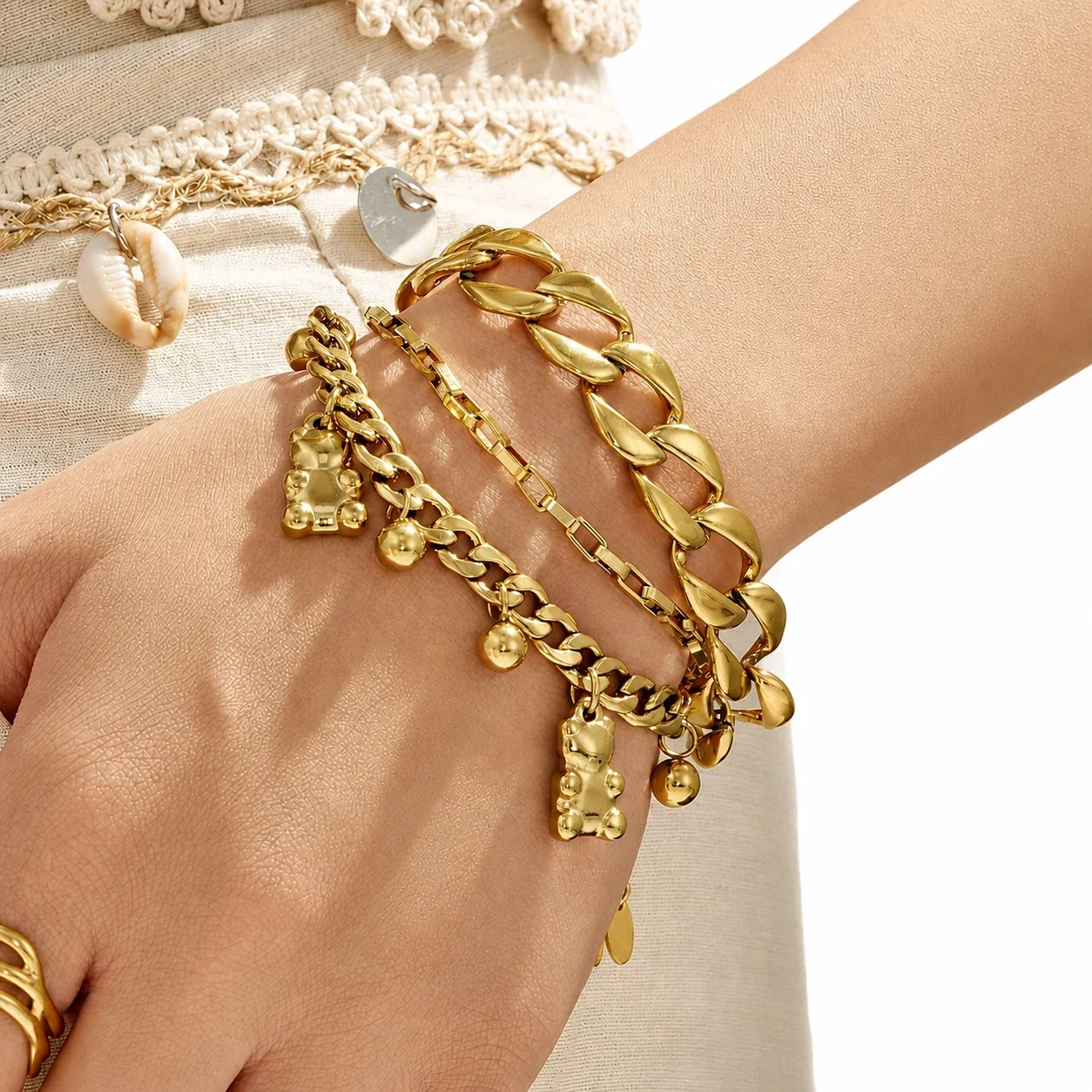 Teddy Charm Gold-Plated 316L Cuban Box Chain Bracelet