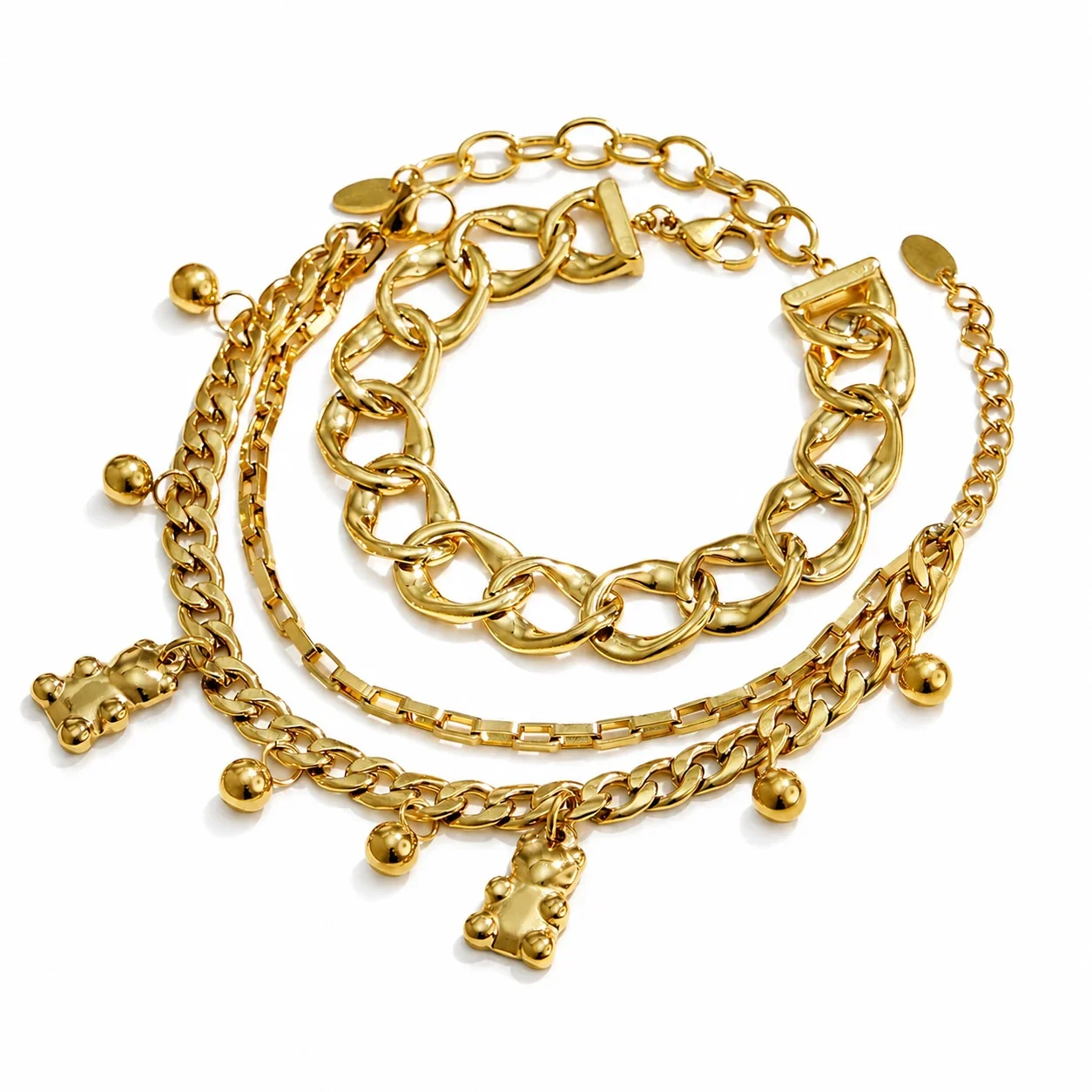 Teddy Charm Gold-Plated 316L Cuban Box Chain Bracelet