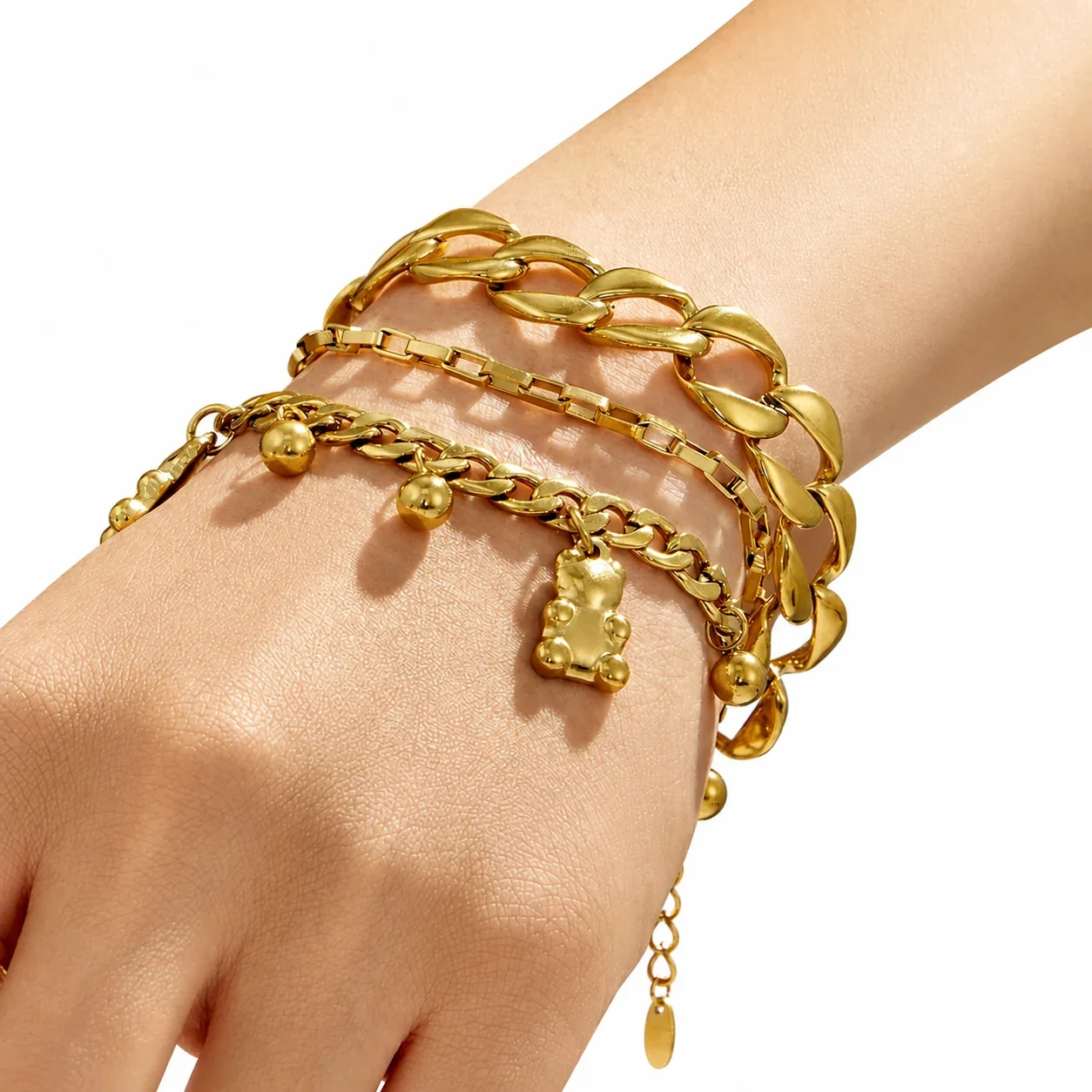 Teddy Charm Gold-Plated 316L Cuban Box Chain Bracelet