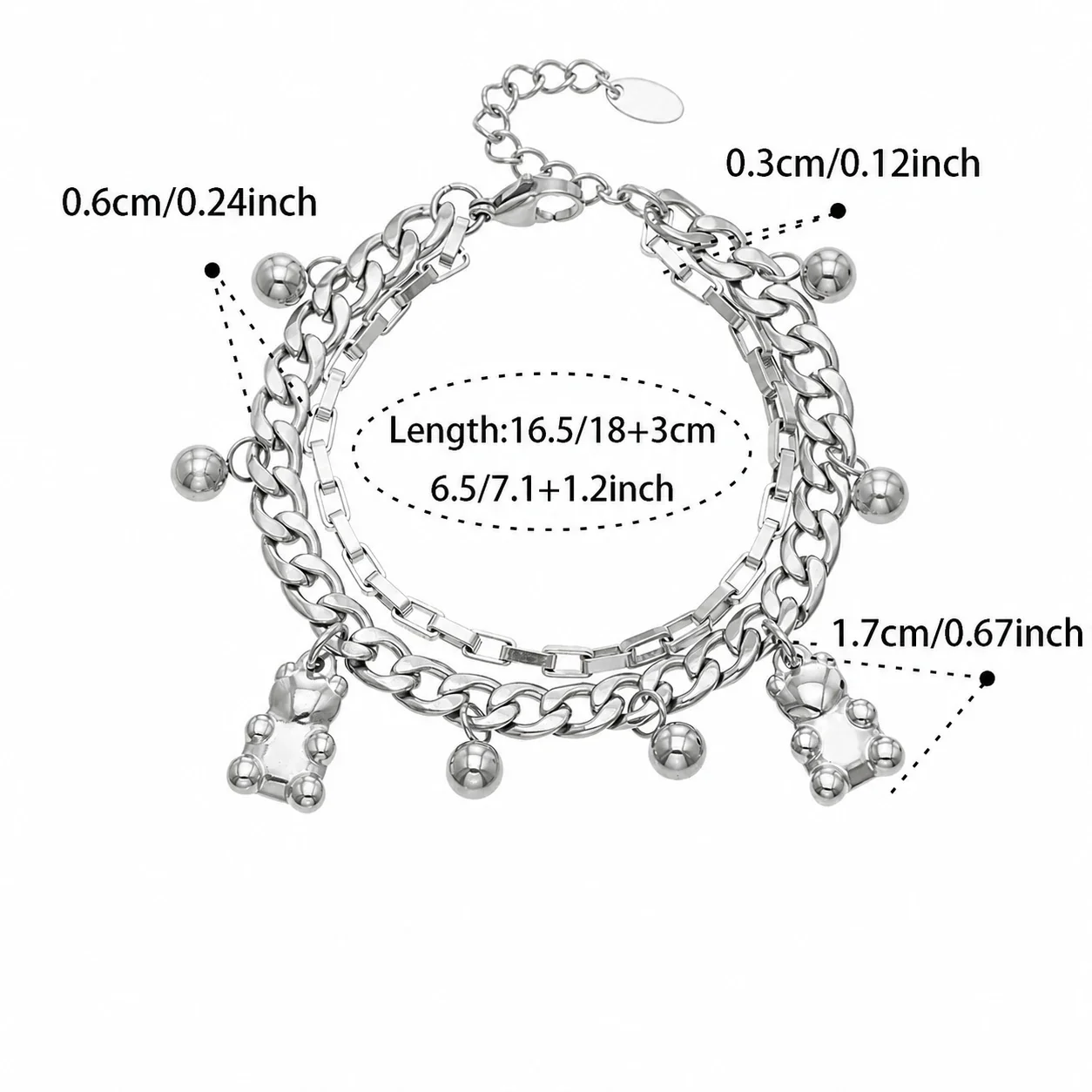 Teddy Charm Gold-Plated 316L Cuban Box Chain Bracelet - Silver Teddy Cuban . /18 + 3 cm