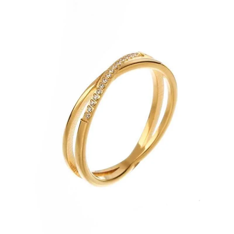Ring: Crossed Double-Band Pavé CZ Gold-Plated Stainless Steel