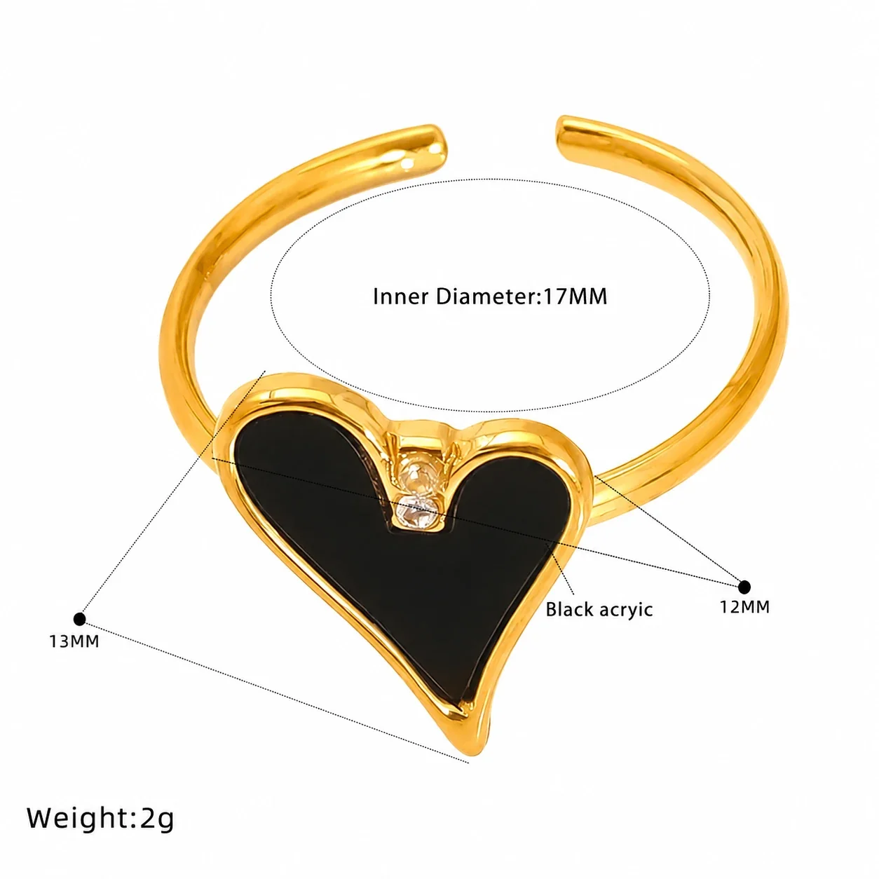 Playful Gold-Plated Open-Front Motif Stacking Ring - Black Heart